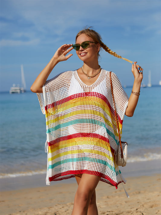 Summer Beach Cover up Knitted Rainbow Color Holiday Blouse Bikini Sweater