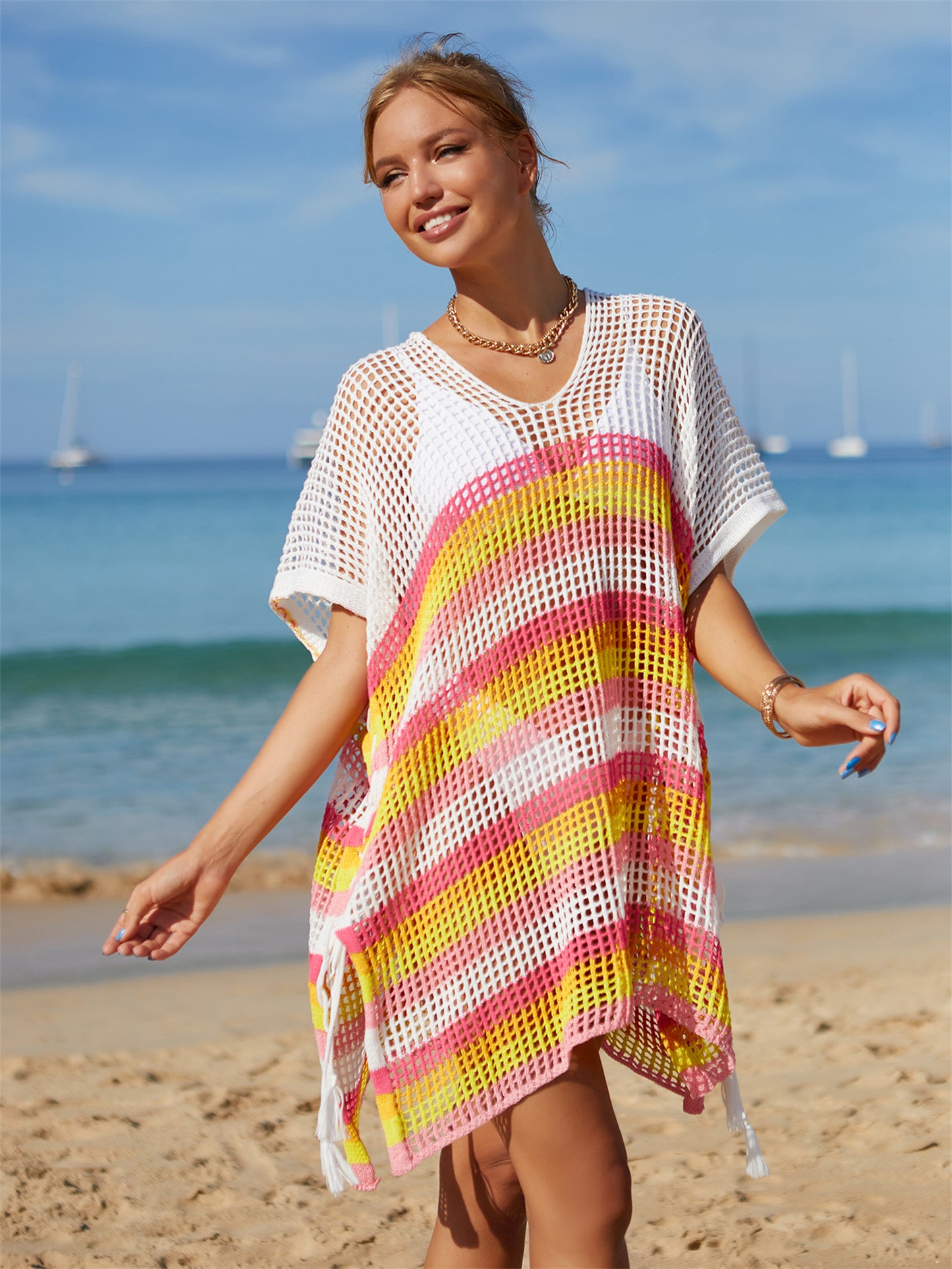 Summer Beach Cover up Knitted Rainbow Color Holiday Blouse Bikini Sweater
