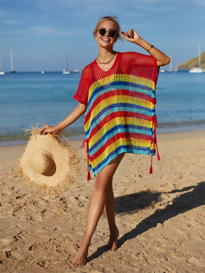 Summer Beach Cover up Knitted Rainbow Color Holiday Blouse Bikini Sweater