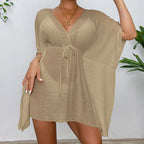 Drop Shoulder Loose Beach Cover-up Solid Color Sun Protection Shirt Waist Trimming Lace up Beach Cover Up Tidee