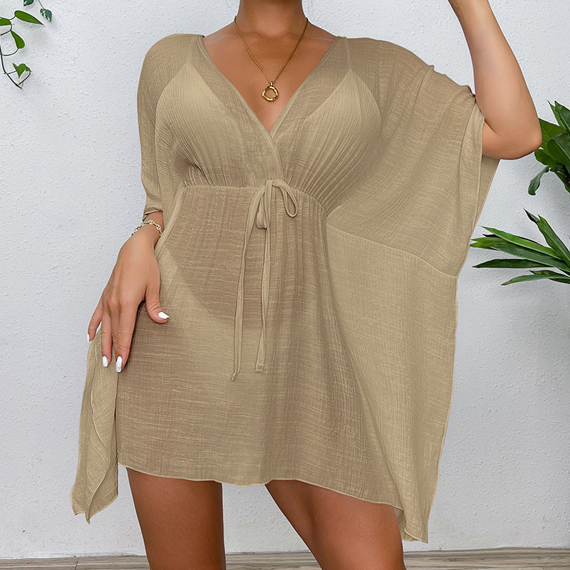 Drop Shoulder Loose Beach Cover-up Solid Color Sun Protection Shirt Waist Trimming Lace up Beach Cover Up Tidee
