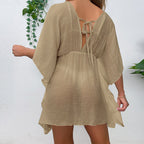 Drop Shoulder Loose Beach Cover-up Solid Color Sun Protection Shirt Waist Trimming Lace up Beach Cover Up Tidee