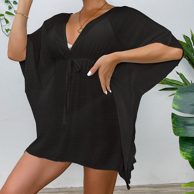 Drop Shoulder Loose Beach Cover-up Solid Color Sun Protection Shirt Waist Trimming Lace up Beach Cover Up