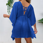 Drop Shoulder Loose Beach Cover-up Solid Color Sun Protection Shirt Waist Trimming Lace up Beach Cover Up Tidee