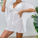 Drop Shoulder Loose Beach Cover-up Solid Color Sun Protection Shirt Waist Trimming Lace up Beach Cover Up Tidee