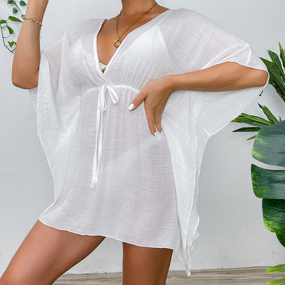 Drop Shoulder Loose Beach Cover-up Solid Color Sun Protection Shirt Waist Trimming Lace up Beach Cover Up