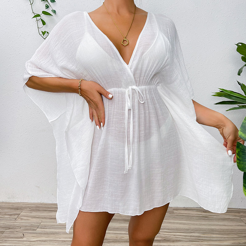 Drop Shoulder Loose Beach Cover-up Solid Color Sun Protection Shirt Waist Trimming Lace up Beach Cover Up Tidee
