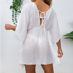 Drop Shoulder Loose Beach Cover-up Solid Color Sun Protection Shirt Waist Trimming Lace up Beach Cover Up Tidee