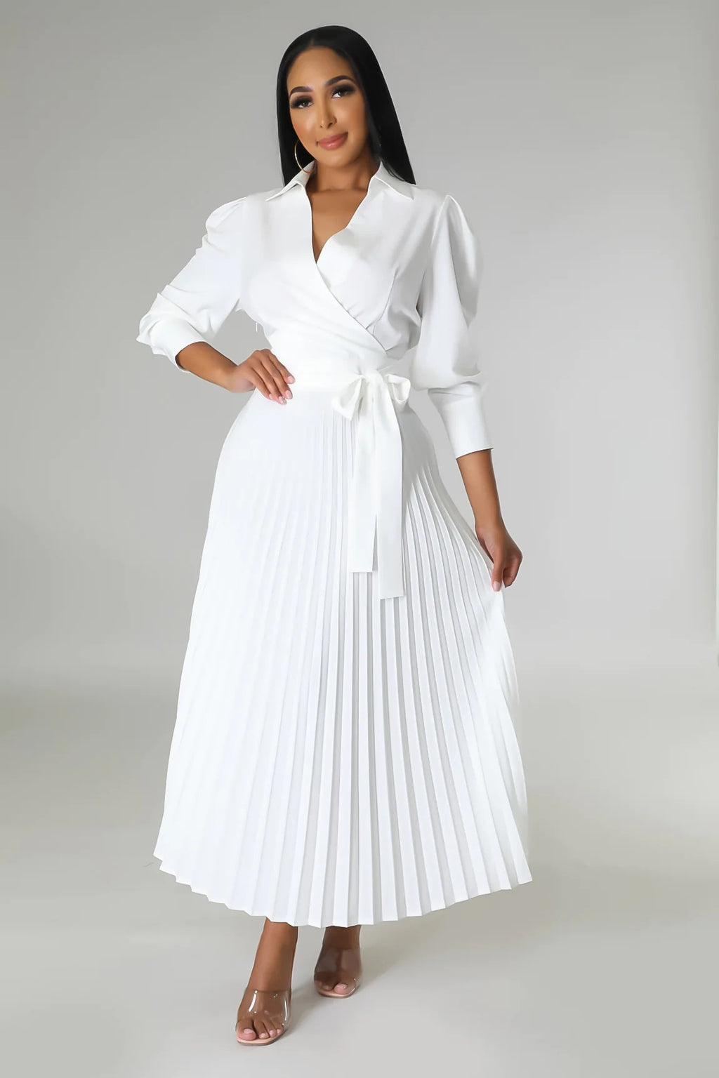 Spring Summer Long Sleeves Polo Collar High Waist Casual Pleated Women Clothing Dress PLAYA