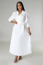 Spring Summer Long Sleeves Polo Collar High Waist Casual Pleated Women Clothing Dress PLAYA
