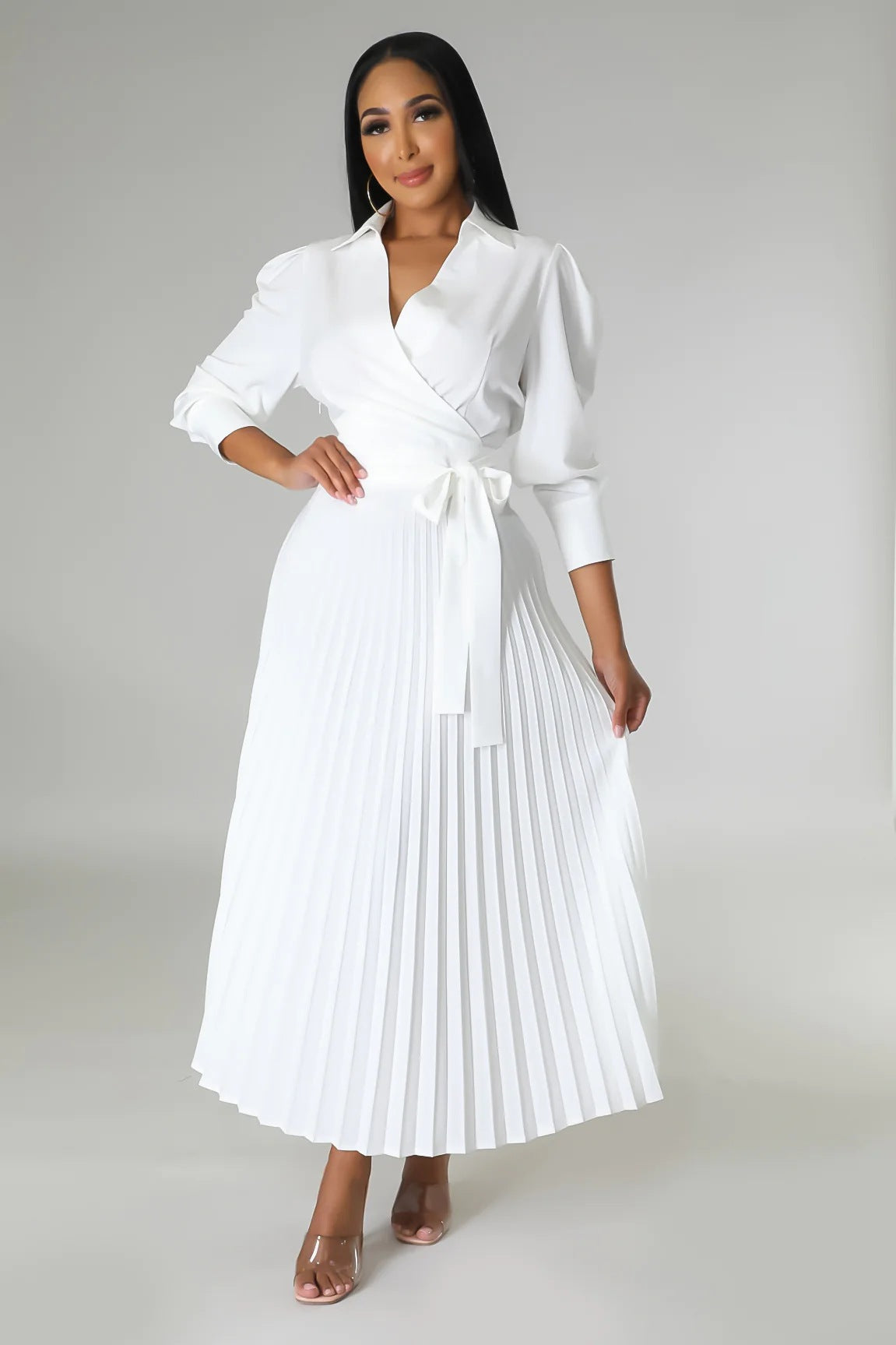 Spring Summer Long Sleeves Polo Collar High Waist Casual Pleated Women Clothing Dress PLAYA