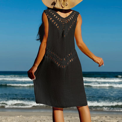 Vacation Beach Crochet Double V Neck Patchwork Hollow Out Cutout Out Camisole See Through Bikini Cover Up Dress