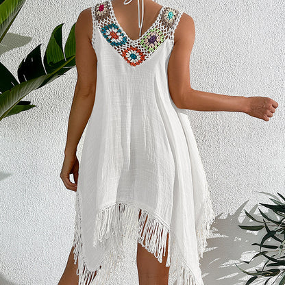 Holiday Crochet Block Stitching Irregular Asymmetric Tassel Hollow Out Cutout Beach Bikini Cover Up Dress