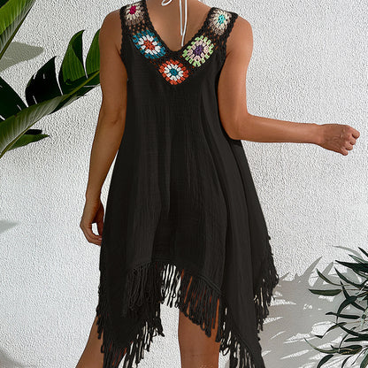 Holiday Crochet Block Stitching Irregular Asymmetric Tassel Hollow Out Cutout Beach Bikini Cover Up Dress