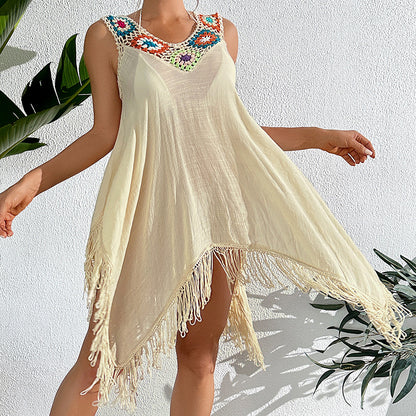 Holiday Crochet Block Stitching Irregular Asymmetric Tassel Hollow Out Cutout Beach Bikini Cover Up Dress