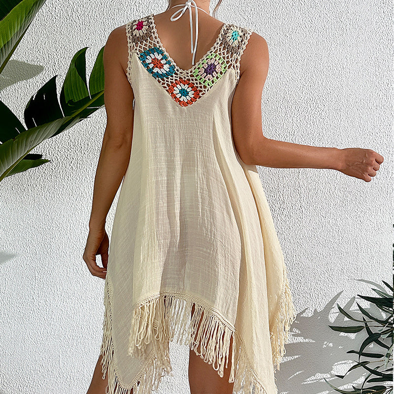 Holiday Crochet Block Stitching Irregular Asymmetric Tassel Hollow Out Cutout Beach Bikini Cover Up Dress