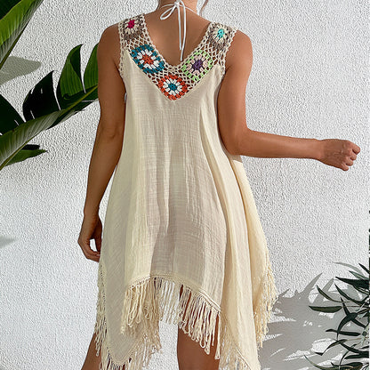 Holiday Crochet Block Stitching Irregular Asymmetric Tassel Hollow Out Cutout Beach Bikini Cover Up Dress