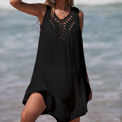 Holiday Hand Crocheting Stitching Color Ball Ruffle V Neck Pullover Hollow Out Cutout Beach Beach Cover Up Dress