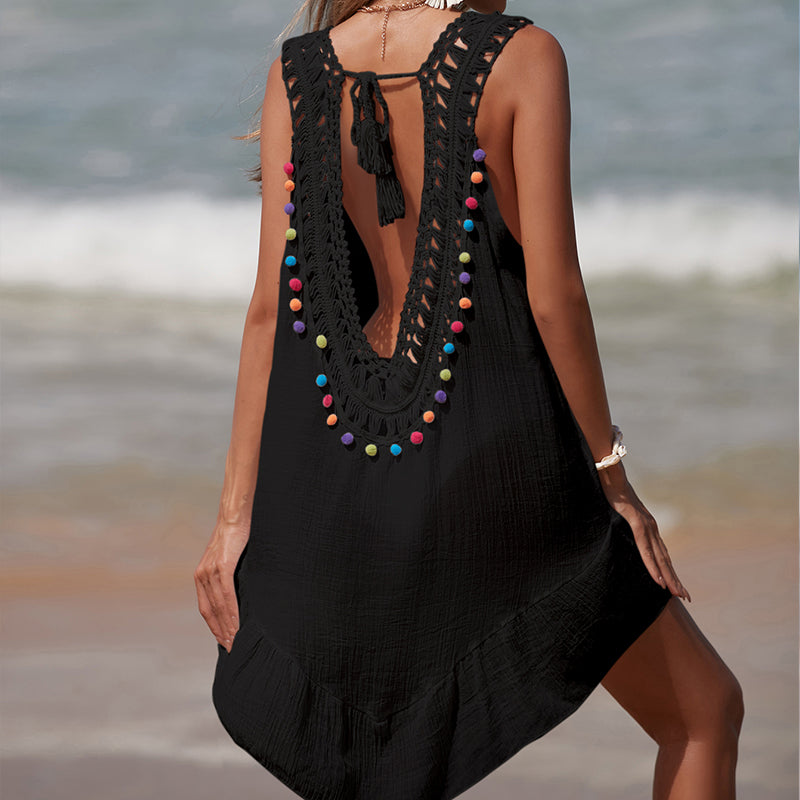 Holiday Hand Crocheting Stitching Color Ball Ruffle V Neck Pullover Hollow Out Cutout Beach Beach Cover Up Dress