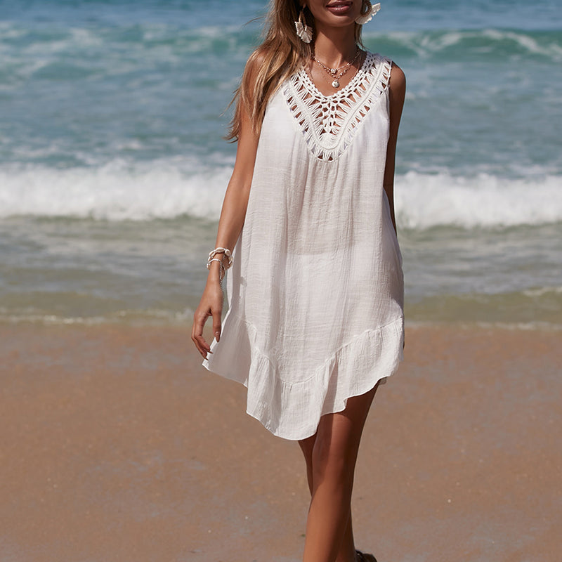 Holiday Hand Crocheting Stitching Color Ball Ruffle V Neck Pullover Hollow Out Cutout Beach Beach Cover Up Dress