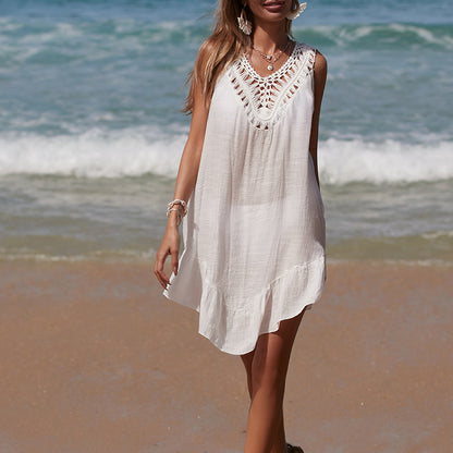 Holiday Hand Crocheting Stitching Color Ball Ruffle V Neck Pullover Hollow Out Cutout Beach Beach Cover Up Dress