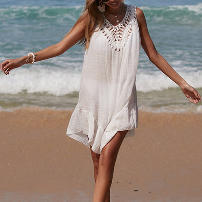 Holiday Hand Crocheting Stitching Color Ball Ruffle V Neck Pullover Hollow Out Cutout Beach Beach Cover Up Dress
