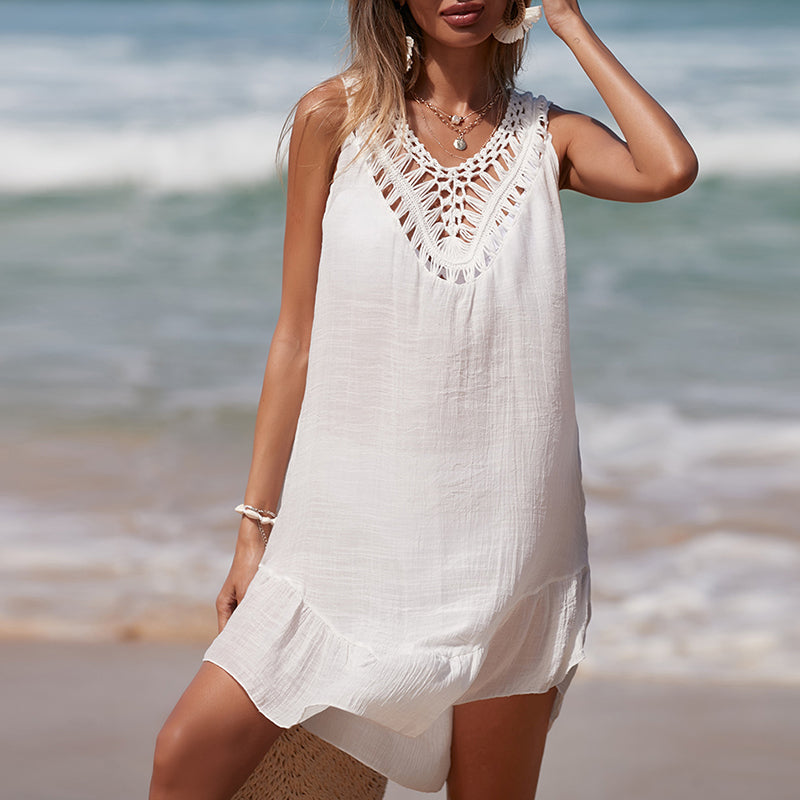 Holiday Hand Crocheting Stitching Color Ball Ruffle V Neck Pullover Hollow Out Cutout Beach Beach Cover Up Dress