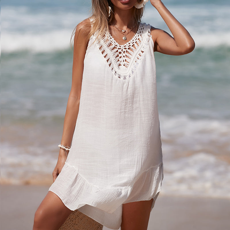 Holiday Hand Crocheting Stitching Color Ball Ruffle V Neck Pullover Hollow Out Cutout Beach Beach Cover Up Dress