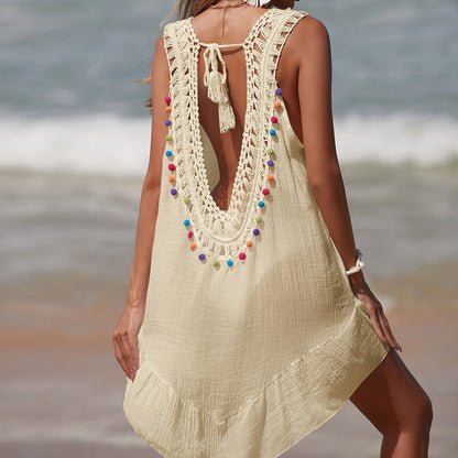 Holiday Hand Crocheting Stitching Color Ball Ruffle V Neck Pullover Hollow Out Cutout Beach Beach Cover Up Dress