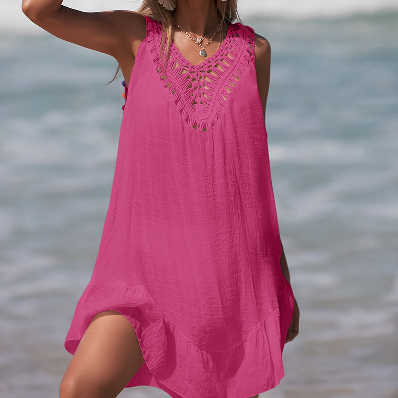 Holiday Hand Crocheting Stitching Color Ball Ruffle V Neck Pullover Hollow Out Cutout Beach Beach Cover Up Dress