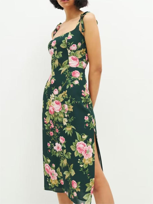 Side Slit Sexy Lace up Strap Dress Autumn Winter High Waist Slimming Broken Floral Decorations A line Dress