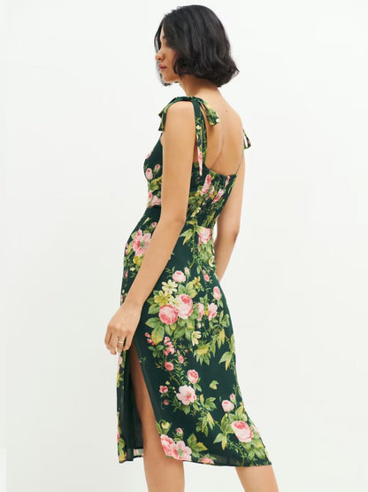 Side Slit Sexy Lace up Strap Dress Autumn Winter High Waist Slimming Broken Floral Decorations A line Dress