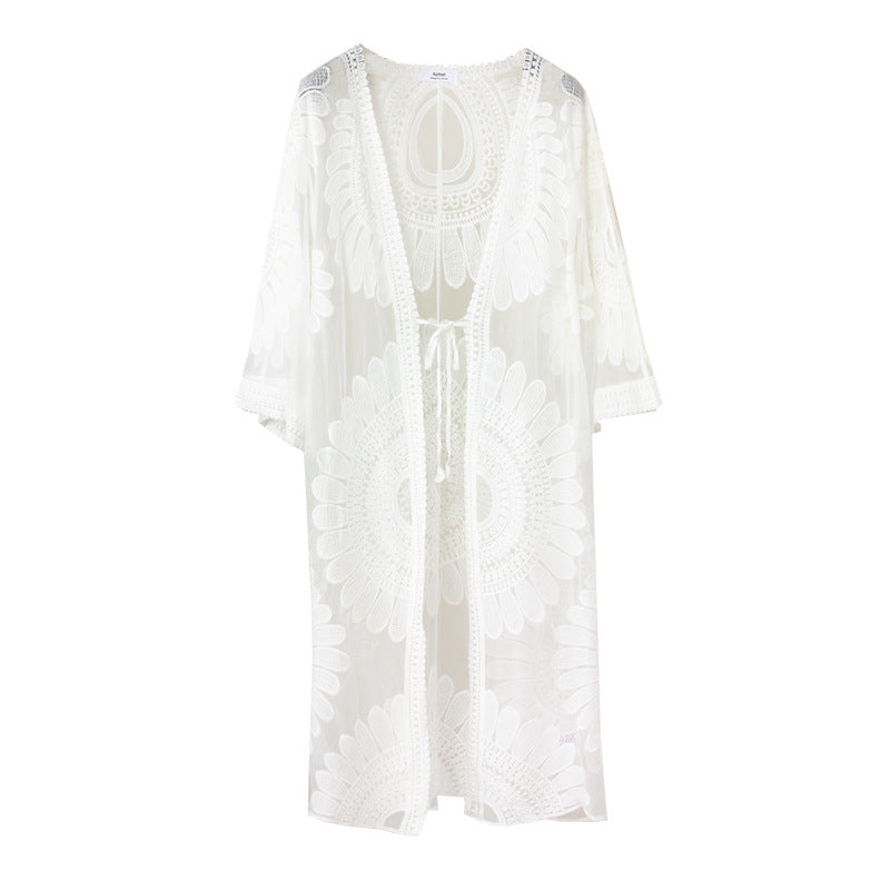 SUNFLOWER Lace Embroidered Beach Cover Up Vacation Sun Protection Cardigan YTCYZ