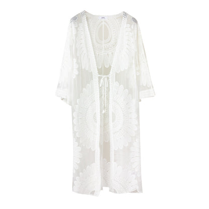 SUNFLOWER Lace Embroidered Beach Cover Up Vacation Sun Protection Cardigan