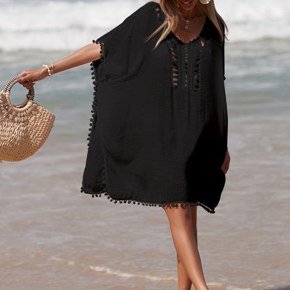Solid Color Hand Crocheting Collar Stitching Beach Cover up Skirt Small Ball Edge Sun Protection Mid-Length Sexy Beach