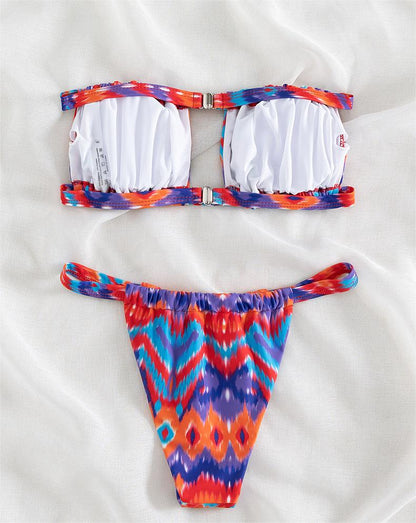Traje de baño de bikini sexy con top de tubo estampado de tres puntos