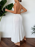 Women Knitted Halterneck with Suspenders Sexy Cutout Side High Slit Tassel Dress Beach Maxi Dress Crochet hook Tidee