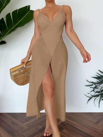 Women Knitted Halterneck with Suspenders Sexy Cutout Side High Slit Tassel Dress Beach Maxi Dress Crochet hook