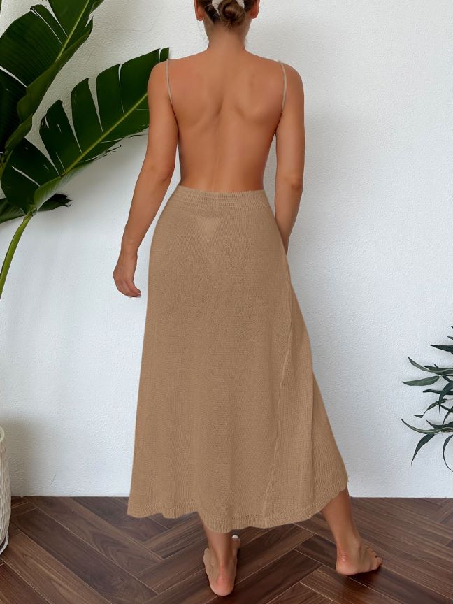 Women Knitted Halterneck with Suspenders Sexy Cutout Side High Slit Tassel Dress Beach Maxi Dress Crochet hook Tidee