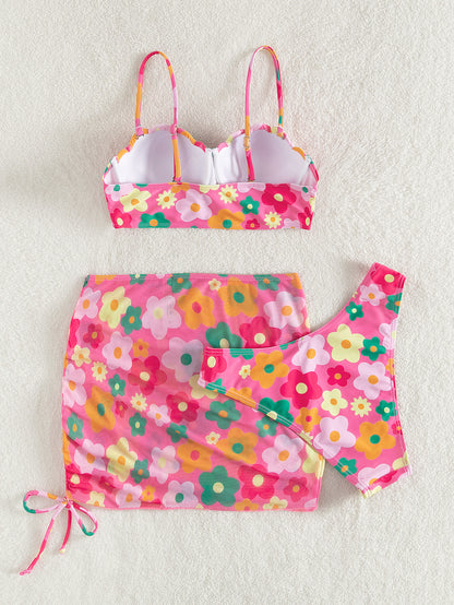 Traje de baño para mujer, bikini dividido, fruncido, soporte de acero, falda corta, traje de baño de tres piezas