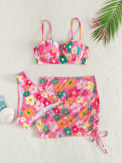 Traje de baño para mujer, bikini dividido, fruncido, soporte de acero, falda corta, traje de baño de tres piezas