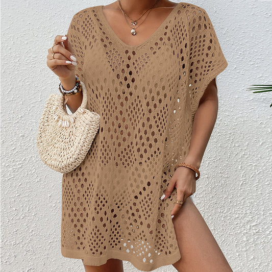 Women Wear Hollow Out Cutout Woven Loose Mid Length Beach Cover up Vacation Beach Sun Protection Shirt Crochet hook