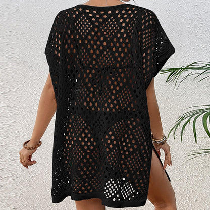 Women Wear Hollow Out Cutout Woven Loose Mid Length Beach Cover up Vacation Beach Sun Protection Shirt Crochet hook