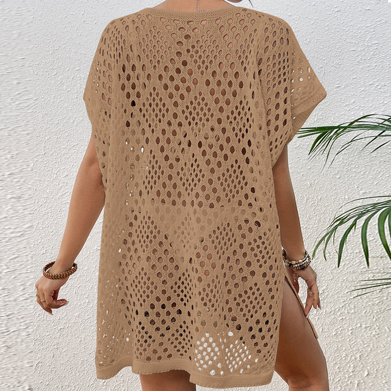 Women Wear Hollow Out Cutout Woven Loose Mid Length Beach Cover up Vacation Beach Sun Protection Shirt Crochet hook