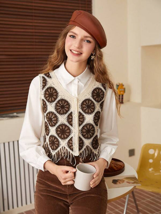 Women New Spring and Autumn Crocheted Hollow Tassel Short Vest Top Crochet hook