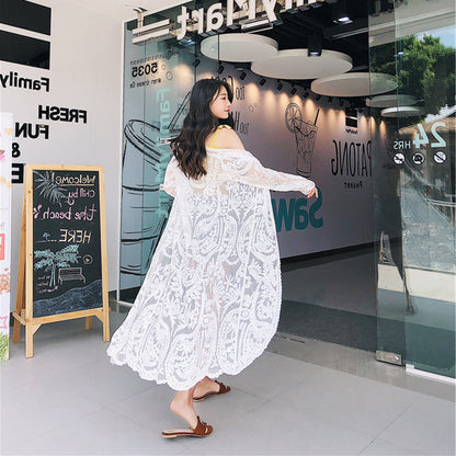 Traje de baño de malla transparente, largo exterior, protección solar, cárdigan bordado de encaje, bikini de playa, chaqueta de playa para mujer