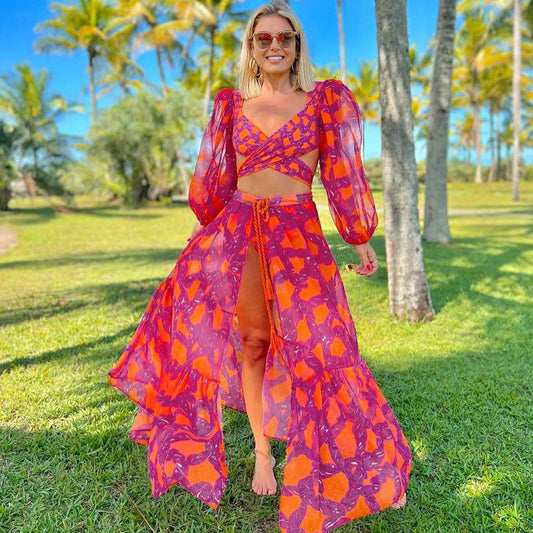 Traje de baño de cintura alta con abertura y manga larga para mujer, bikini sexy sin espalda con tirantes cruzados y escote en V profundo