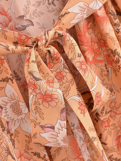 Cárdigan estampado de rayón, mangas sueltas, kimono corto con cordones