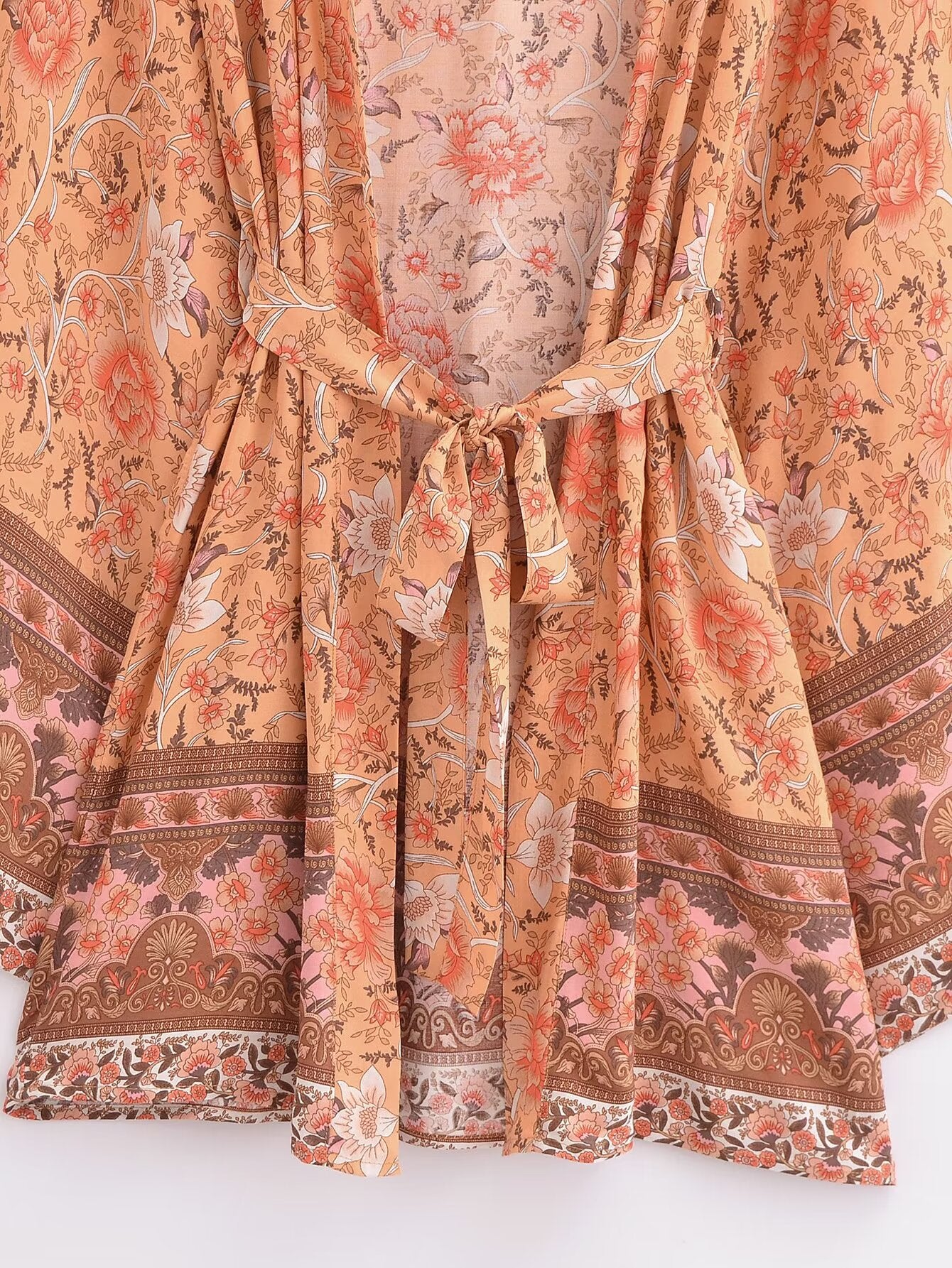 Cárdigan estampado de rayón, mangas sueltas, kimono corto con cordones