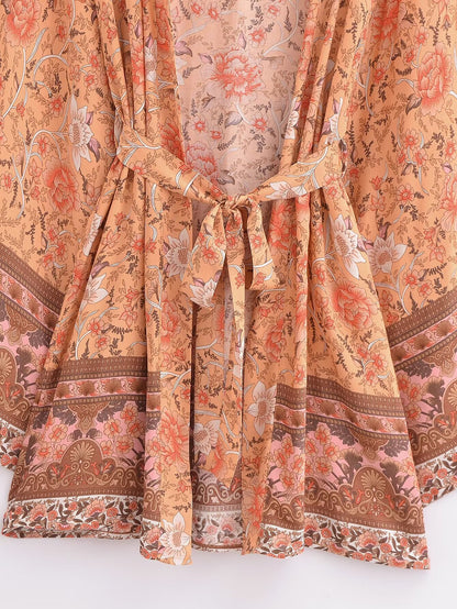 Cárdigan estampado de rayón, mangas sueltas, kimono corto con cordones